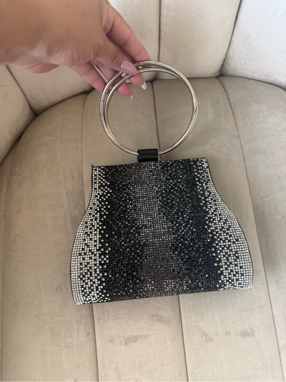 Elegant Black & Silver Crystal Wristlet Bag with Metal Ring Handle